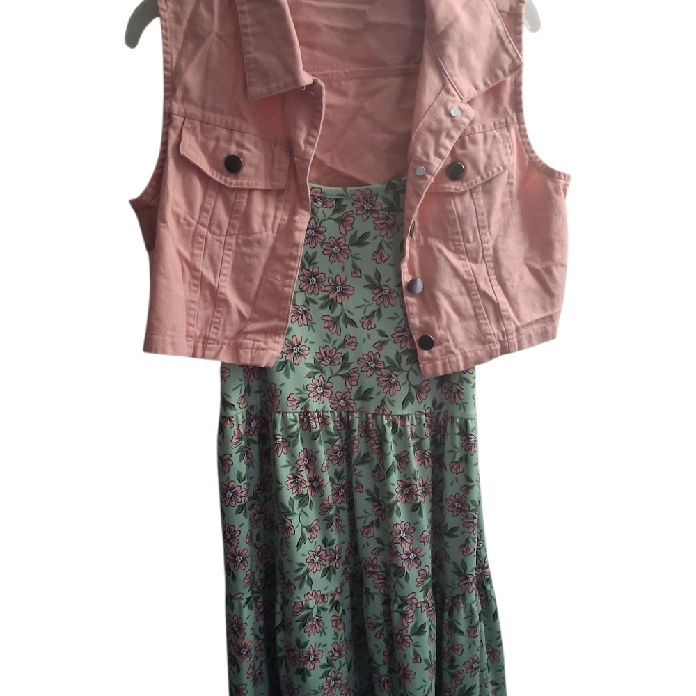 Pink Vest with Green Floral Dress